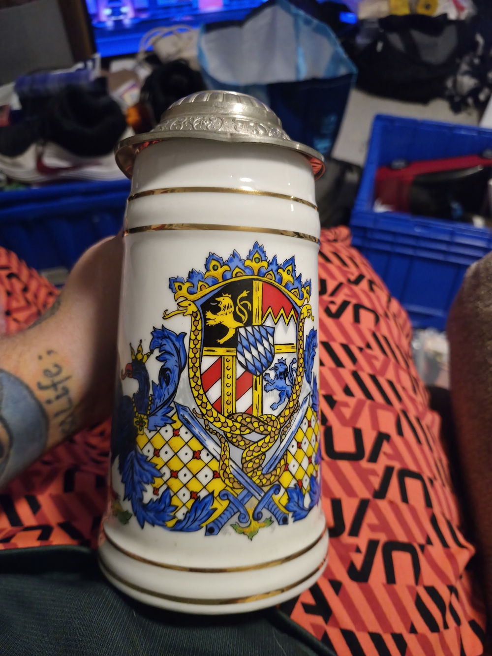 German-Style Ceramic Beer Stein W/ Pewter Lid And Bavarian Coat Of Arms